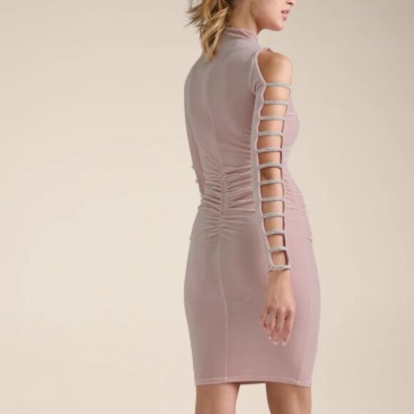 Rhinestone Strapply Sleeve Velvet Ruching Dress NWT - Picture 3 of 8